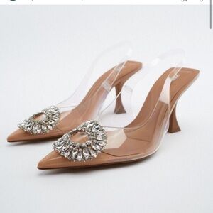 Zara Embellished Rhinestone clear slingback Heels